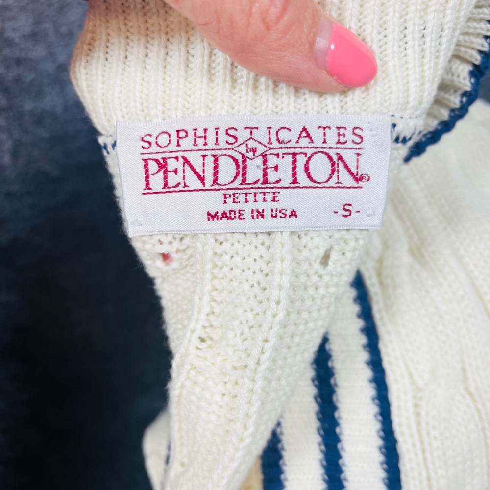 Pendleton Sophisticates Women Small Petite Cotton Knit Vest Cream Navy Blue USA - Picture 7 of 8